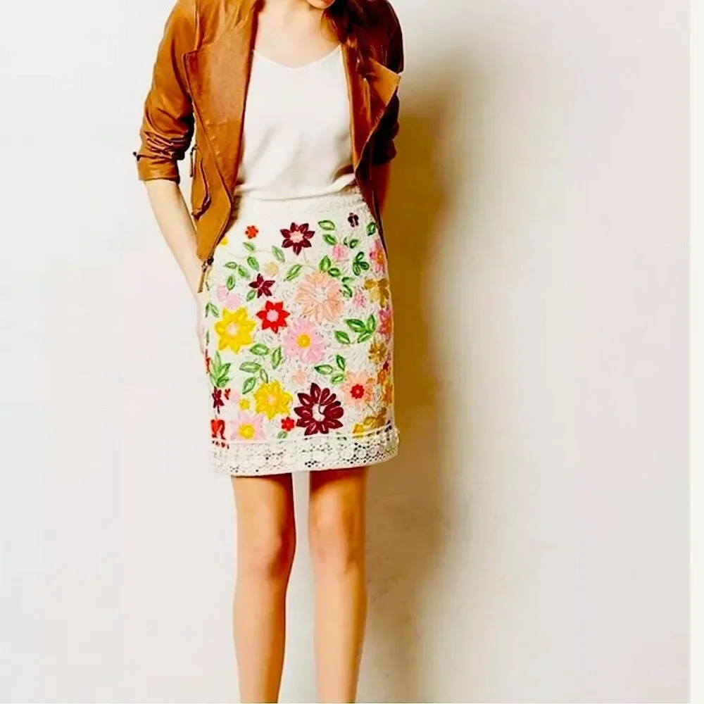 MAEVE ANTHROPOLOGIE Ayaka Lace Cream Embroidered Floral Pencil Skirt Sz 6
